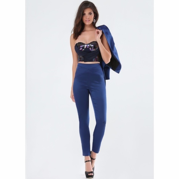 BEBE Navy Blue Sequin Wrap Bustier Crop Top sz L - Picture 8 of 8